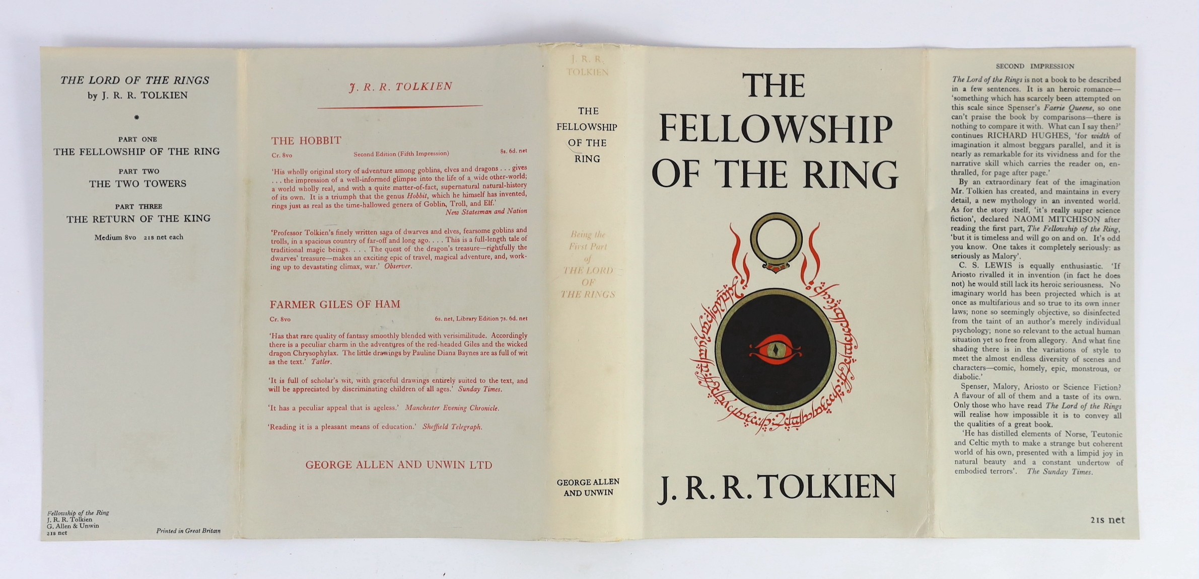 Tolkien, John Ronald Reuel - The Lord of the Rings, 1st editions, 1st impressions of Towers and Return, 2nd impression of Fellowship, 3 vols, 8vo, publisher’s dark red cloth, in unclipped pictorial d/j’s, all with tipped